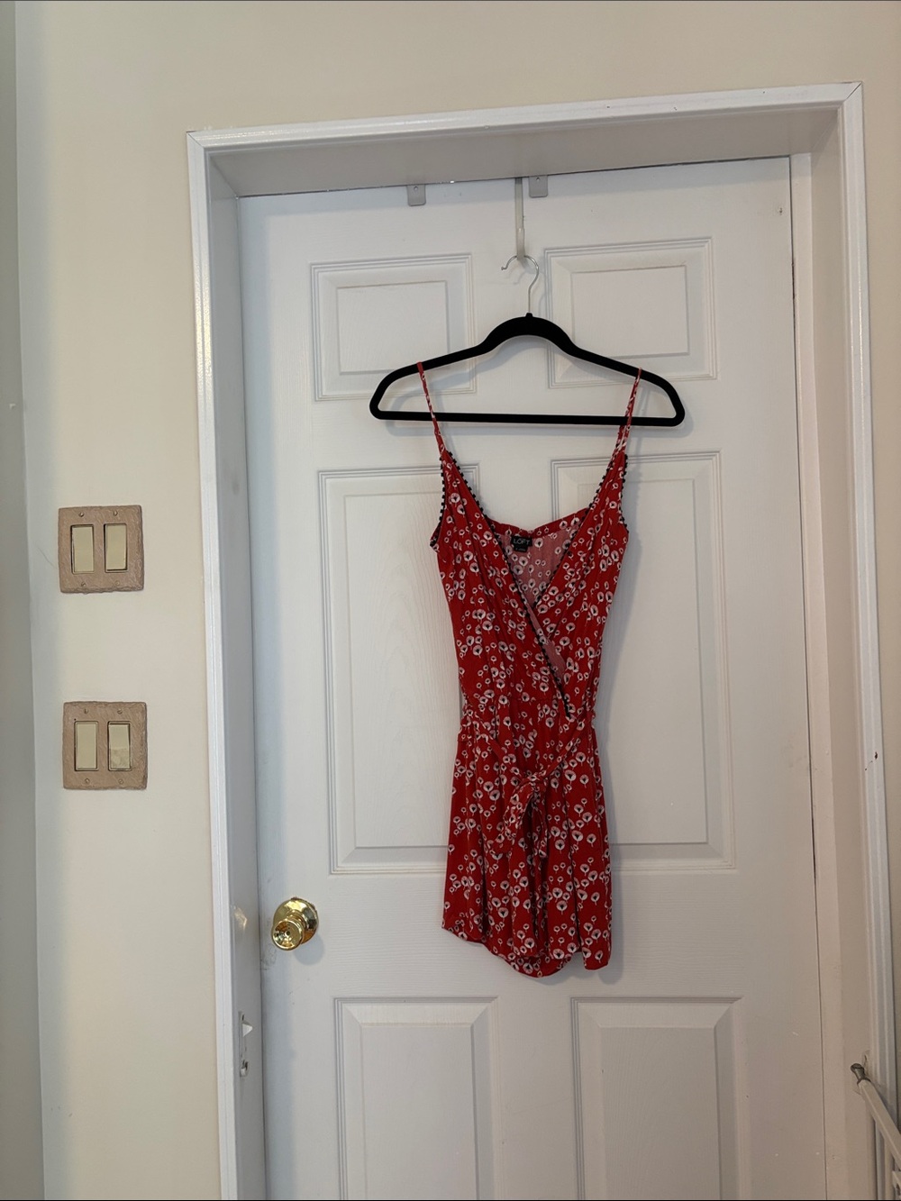 LOFT Red Floral Wrap Romper with Spaghetti Straps